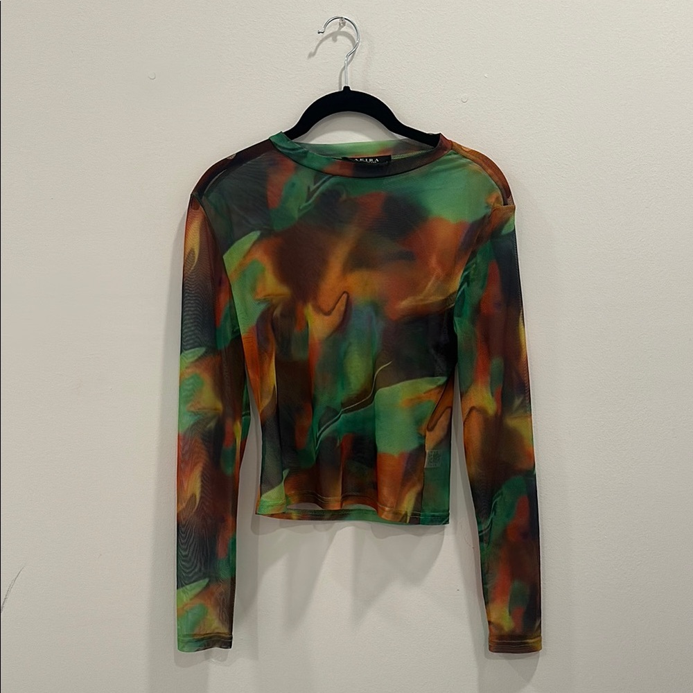 AKIRA Green and Orange Fitted Sheer Blouse